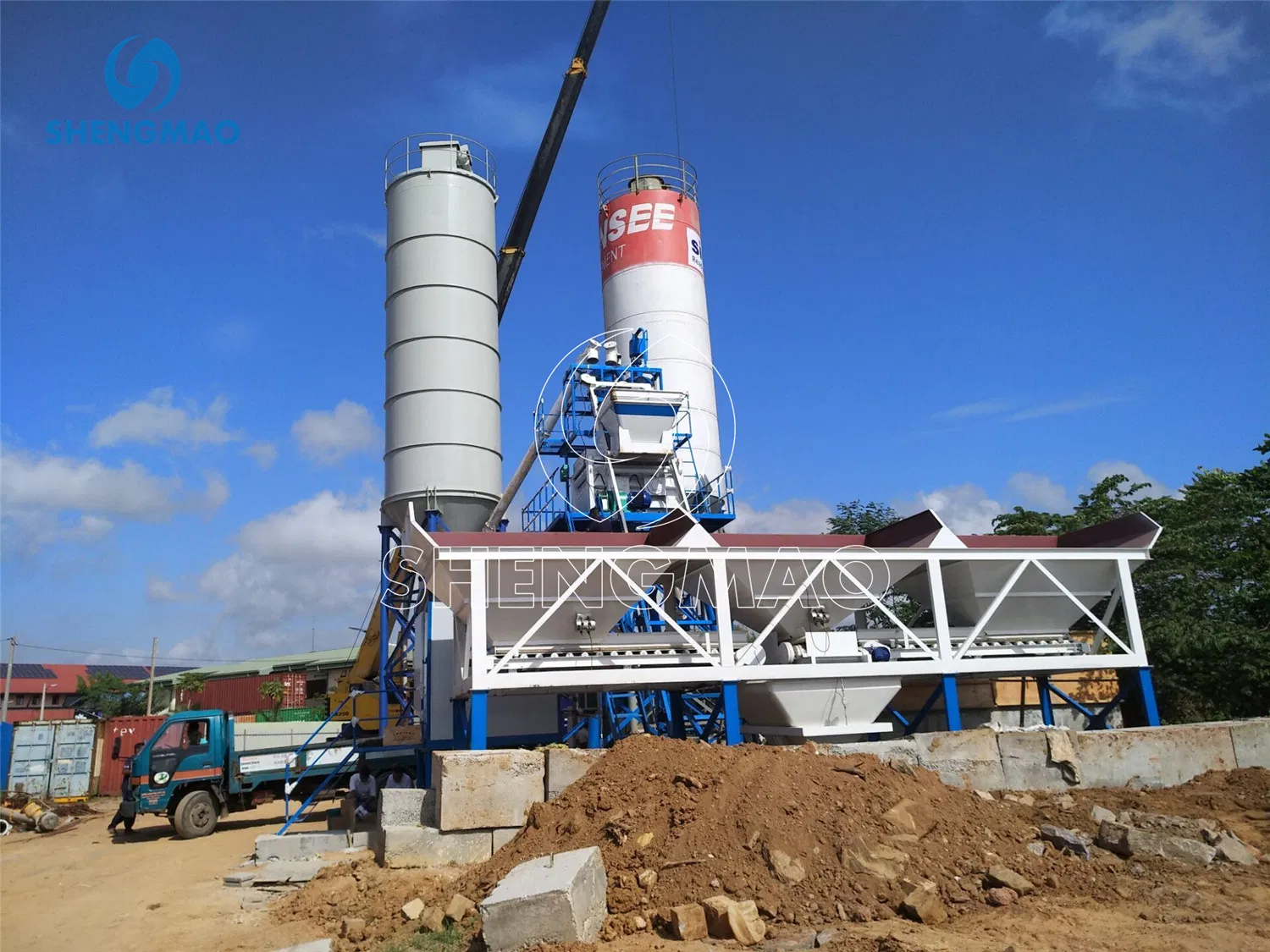 25m3 35m3 50m3 75m3 Concrete Beton Mixing Plant with Twin Shaft Mixer and 100t Vertical Cement Fly Ash Powder Silo