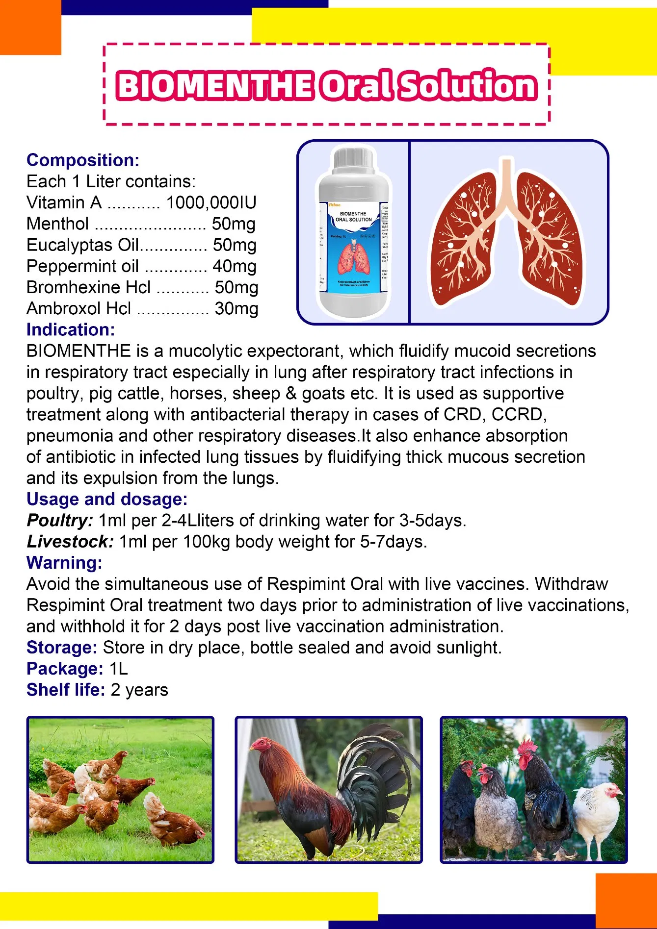 Vitboo Biomenthe Oral Solution 1L Control of Respiratory Tract Infections for Poultry Medicine