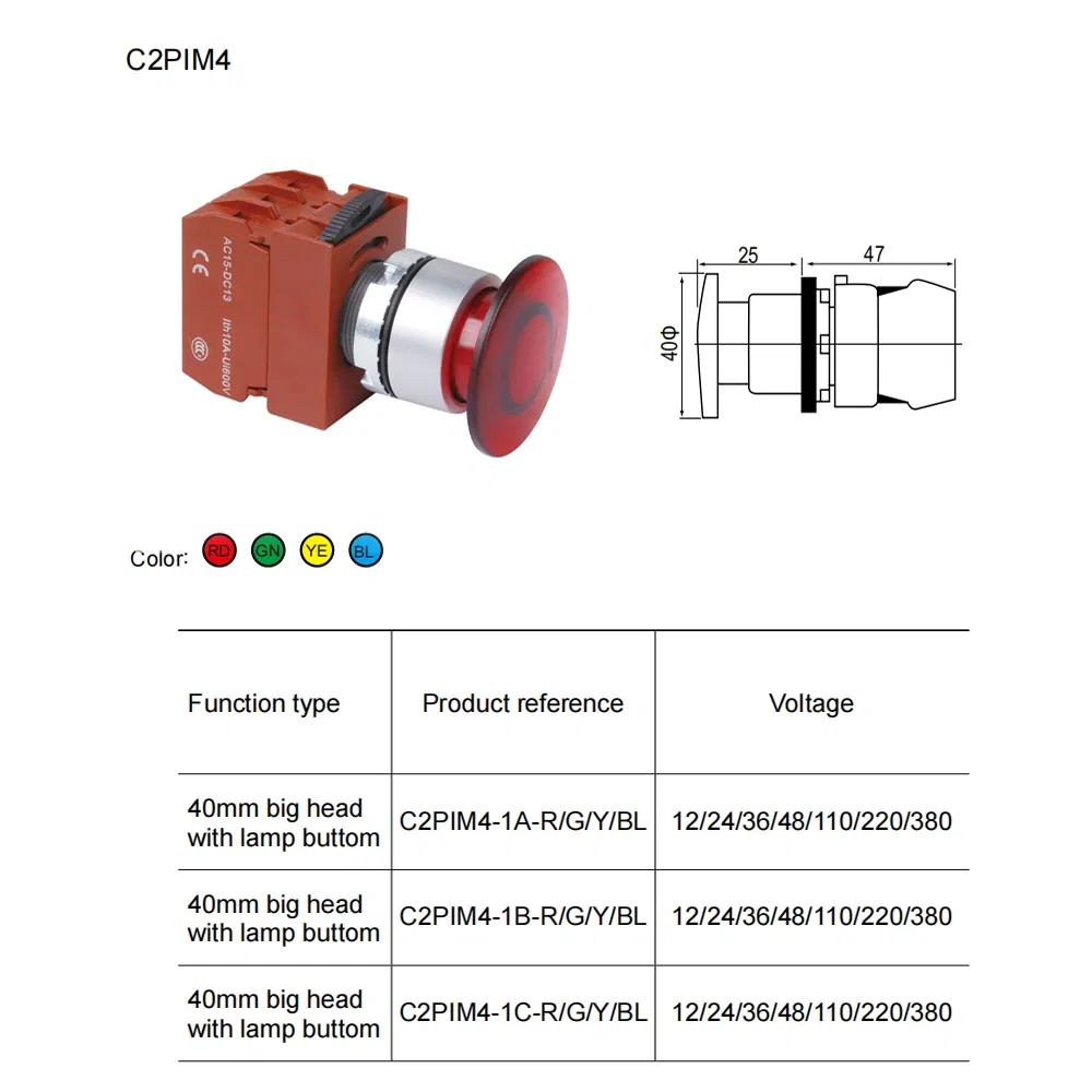 22mm Illuminated Emergency Illuminated Mushroom Push Button Switch