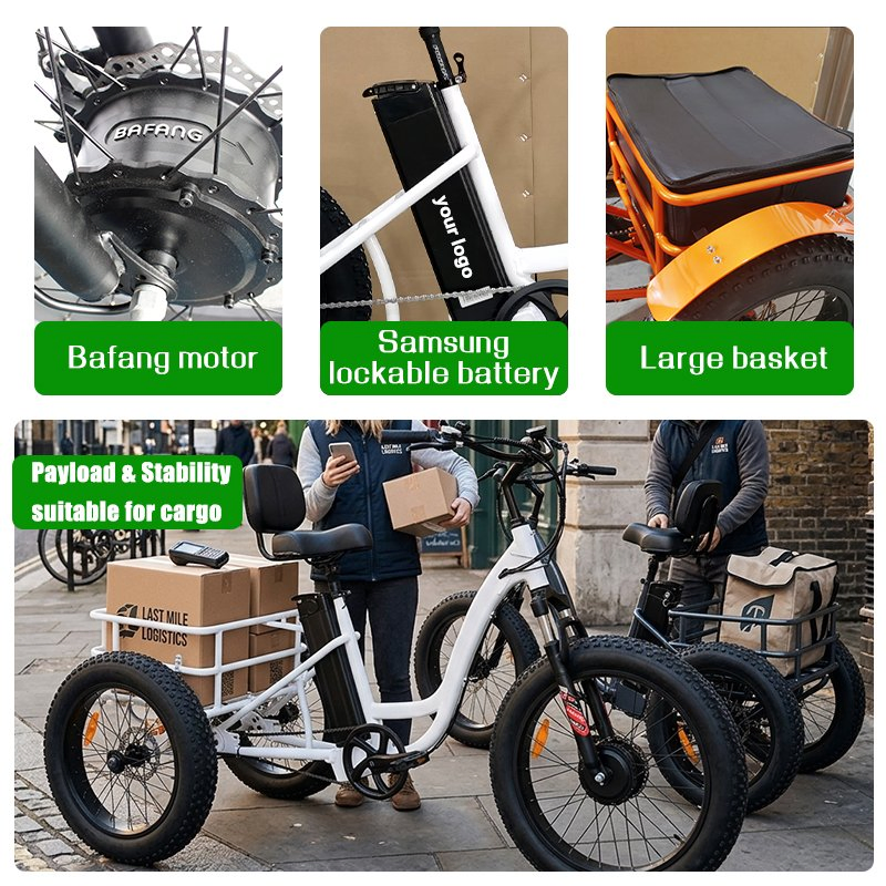 Heavy-Duty 3-Wheel Fat Tire Electric Bike Tricycle Courier E-Trike for Cargo Transport