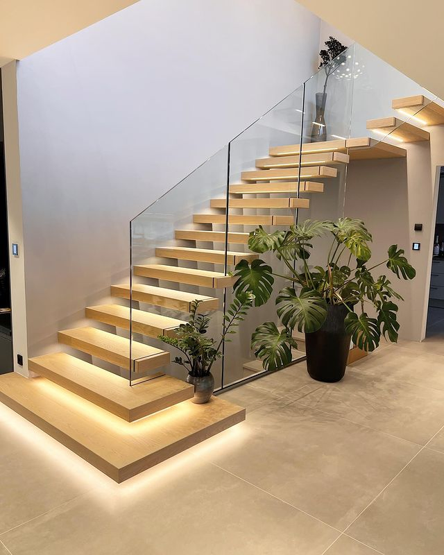 American Standard Floating Stairs Mono Beam Solid Wood Treads with LED Light Standoff Railing Straight Staircase