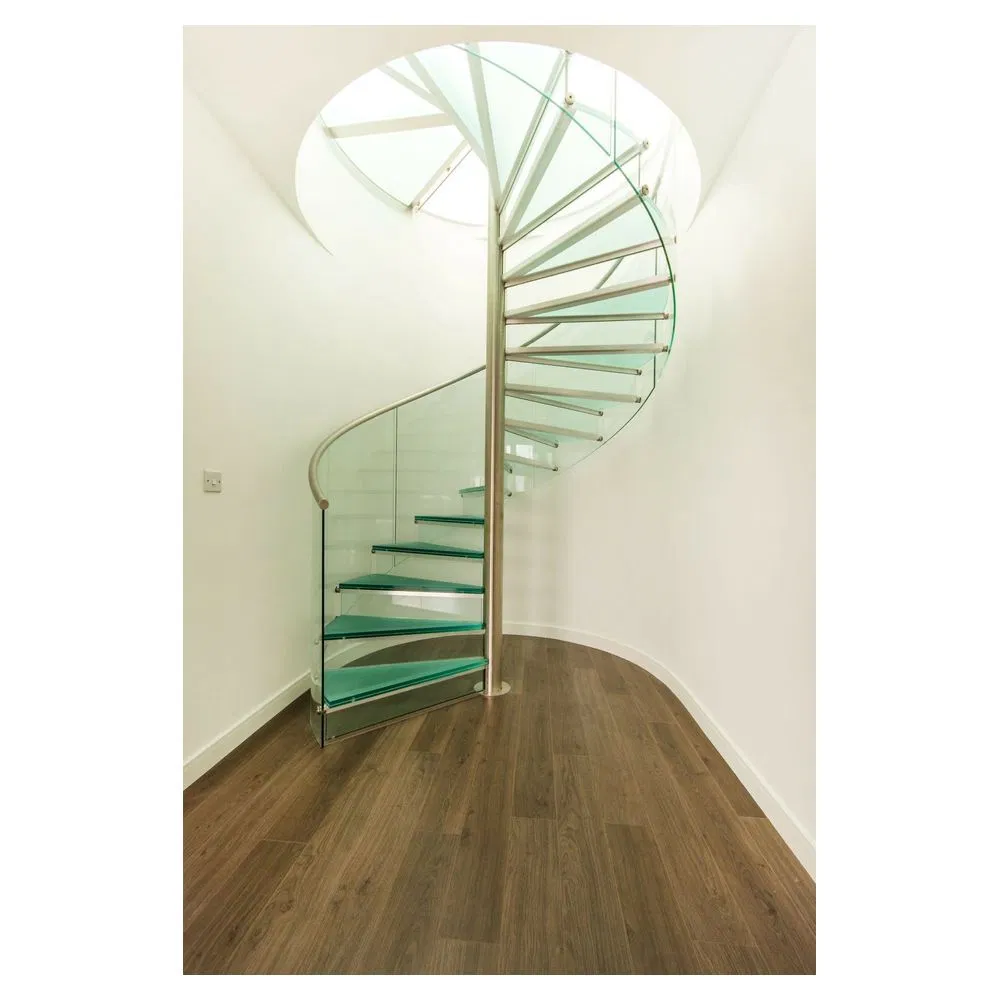 Staircase Contemporary Glass Handrail Featuring Elegant Wood Tread for Interior Spiral Staircase