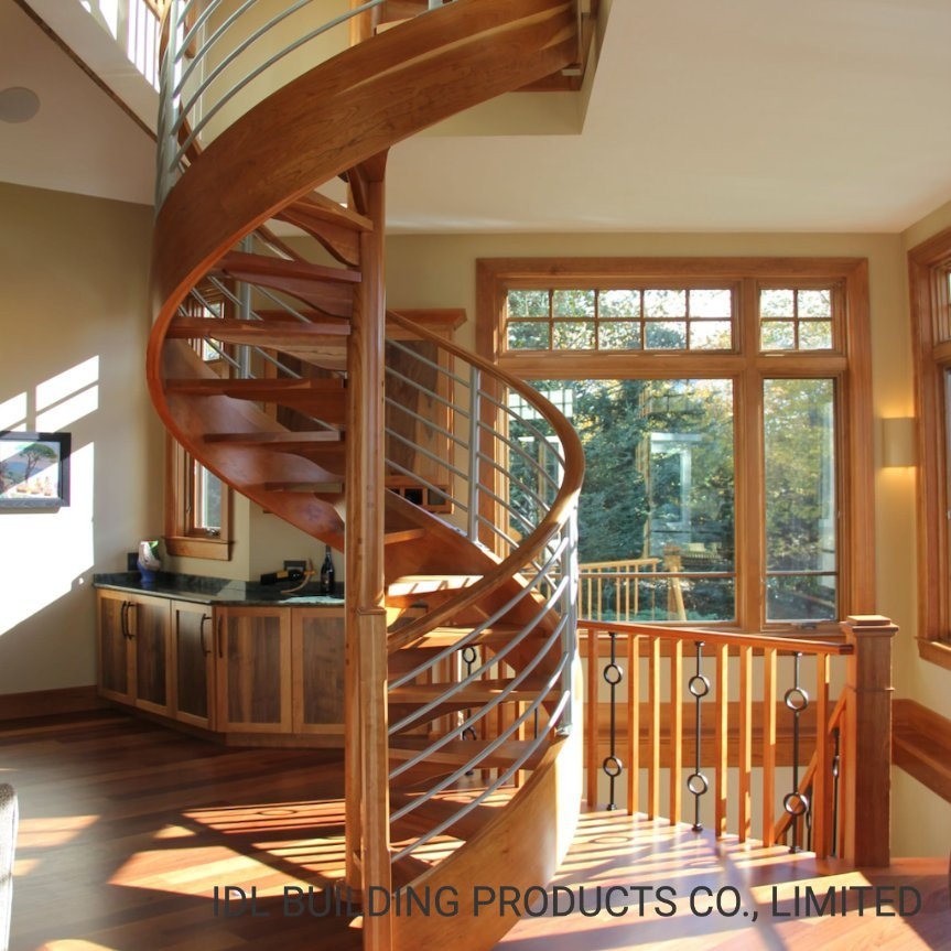 Prefinished Oak Wood Stair Treads for Spiral Stair Staircase with Stainless Steel Handrail