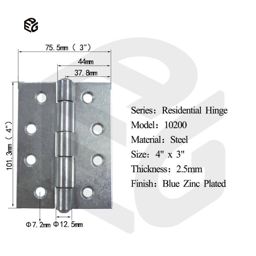 2.5mm Blue Zinc Plated Steel Hinge 4"X4" for Interior Door/Cabinet/Window Shutter