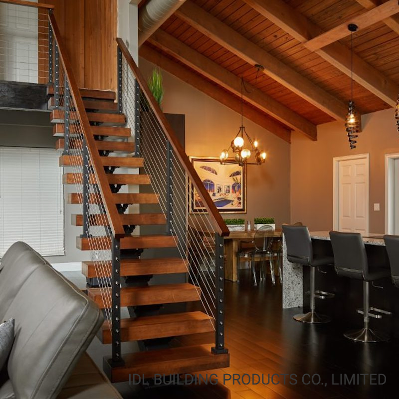 Modern Wooden Staircase Stainless Steel Decorative Wire Rope/Pipe Railings Straight Stairs Wood Treads for Home