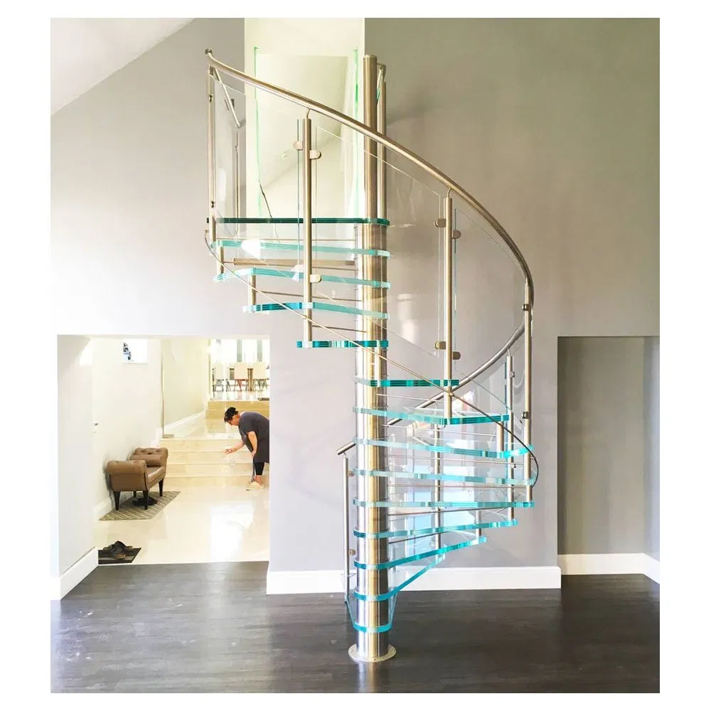 Staircase Contemporary Glass Handrail Featuring Elegant Wood Tread for Interior Spiral Staircase