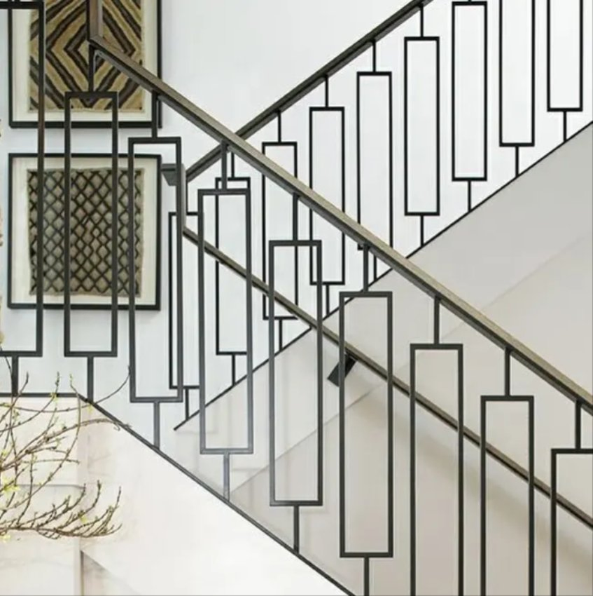 Wrought Iron Single Rectangle Laser Baluster Stair Railing Satin Finish Steel Handrail for Deck