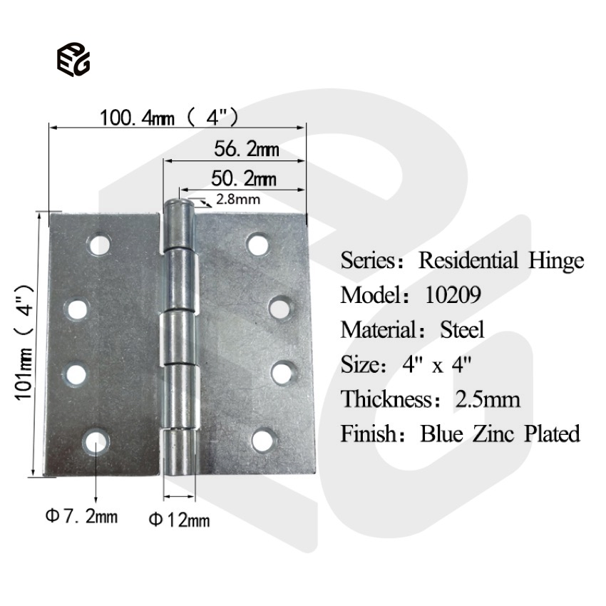 2.5mm Blue Zinc Plated Steel Hinge 4"X4" for Interior Door/Cabinet/Window Shutter