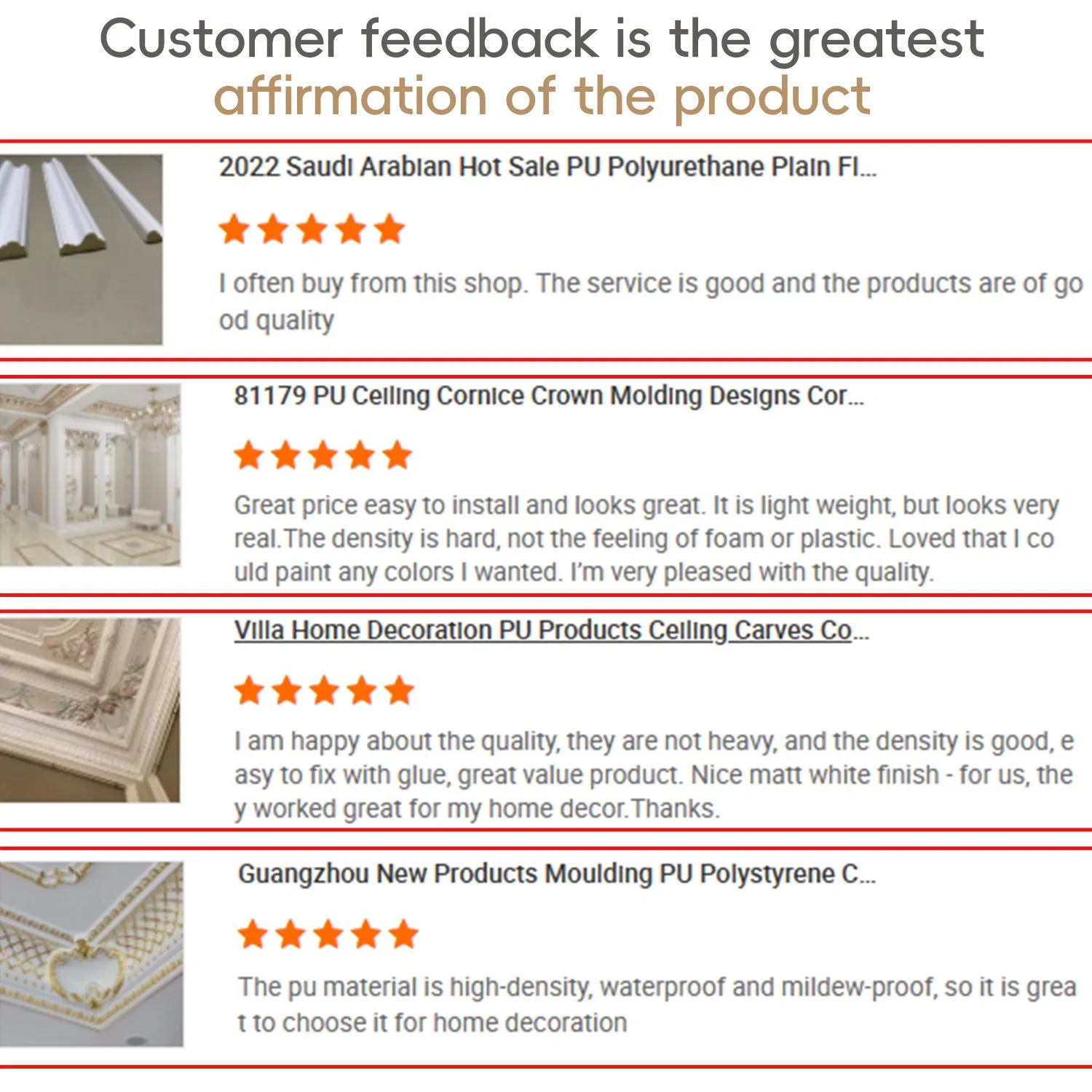 Gunadong Luxury Decor Moulding Polyurethane Cornice Foam Moulding for Home Decoration