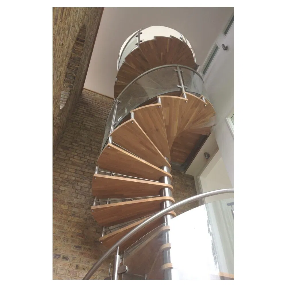 Staircase Contemporary Glass Handrail Featuring Elegant Wood Tread for Interior Spiral Staircase