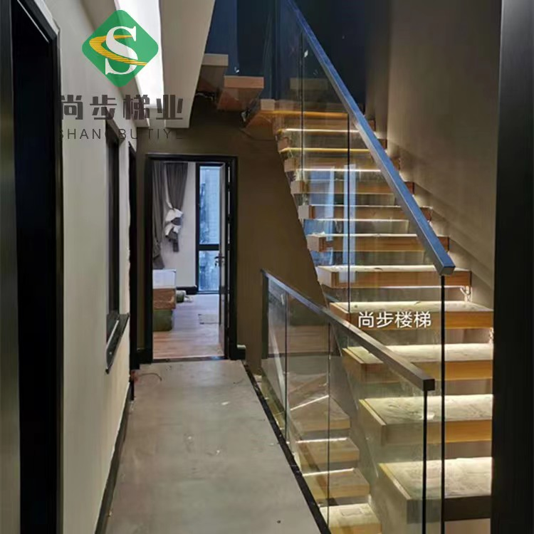 American Standard Floating Stairs Mono Beam Solid Wood Treads with LED Light Standoff Railing Straight Staircase