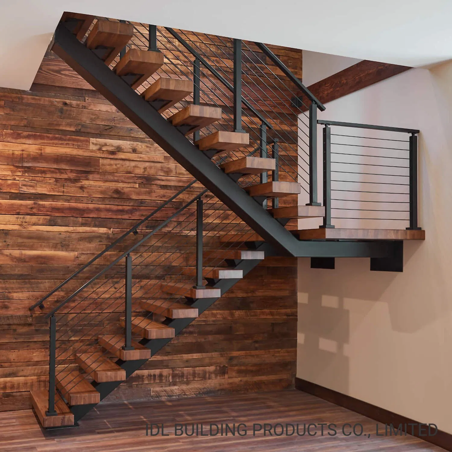 Modern Wooden Staircase Stainless Steel Decorative Wire Rope/Pipe Railings Straight Stairs Wood Treads for Home