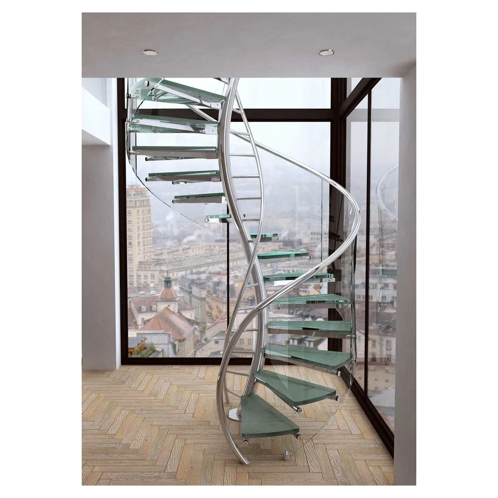 Staircase Contemporary Glass Handrail Featuring Elegant Wood Tread for Interior Spiral Staircase