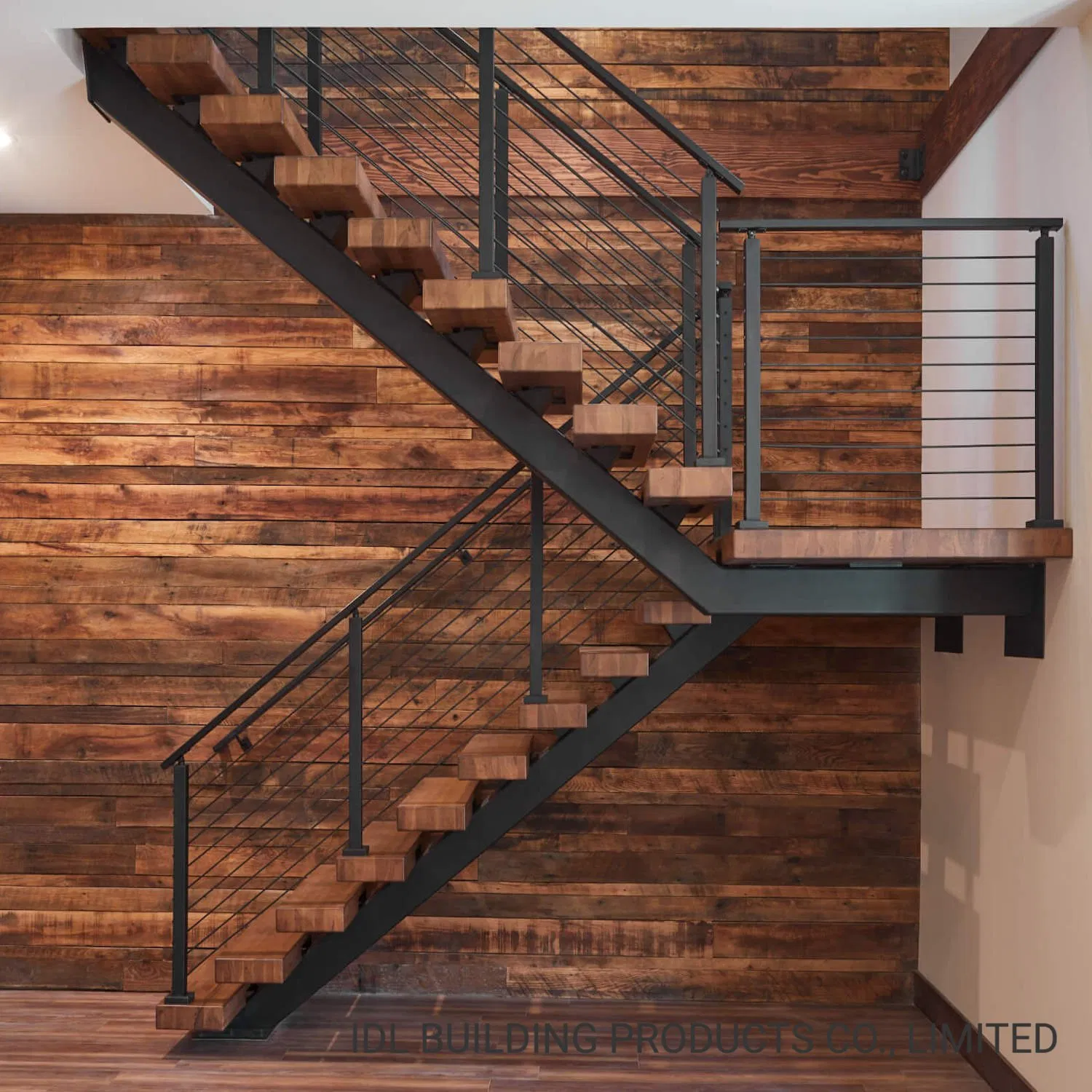 Modern Wooden Staircase Stainless Steel Decorative Wire Rope/Pipe Railings Straight Stairs Wood Treads for Home