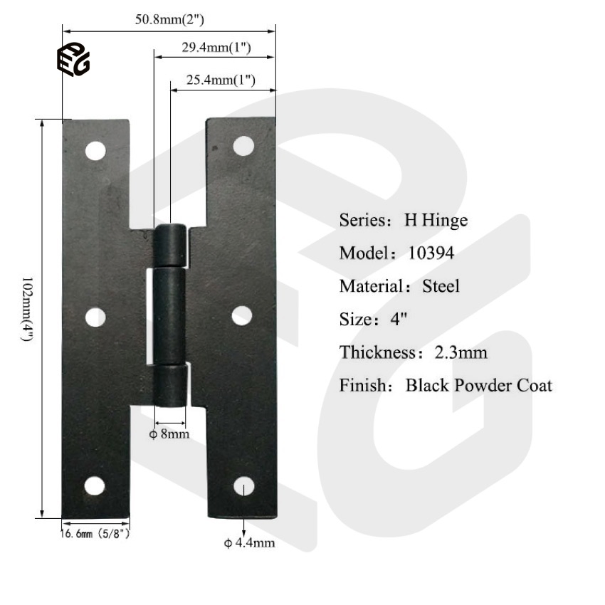 2.3mm Steel H Hinge 4" Dull Black for Shed Door/Window Shutter