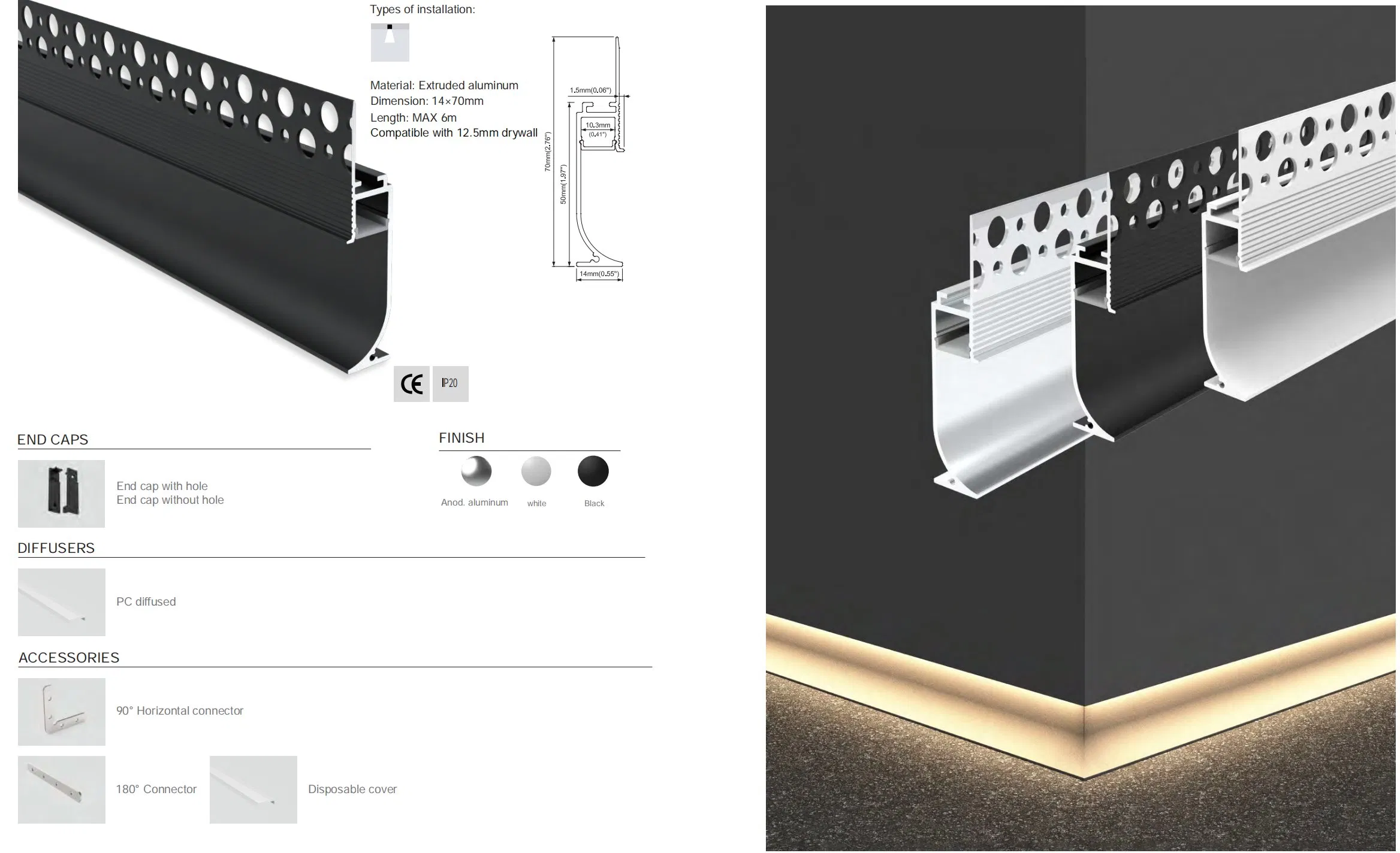 Trimless Baseboard Architectural Plaster White Black Silver Skirting Line Drywall LED Aluminum Profile