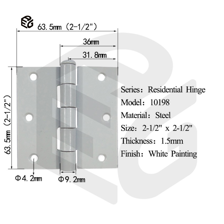 1.5mm White Painted Steel Door Hinge 2-1/2"X2-1/2" for Cabinet/Window Shutter