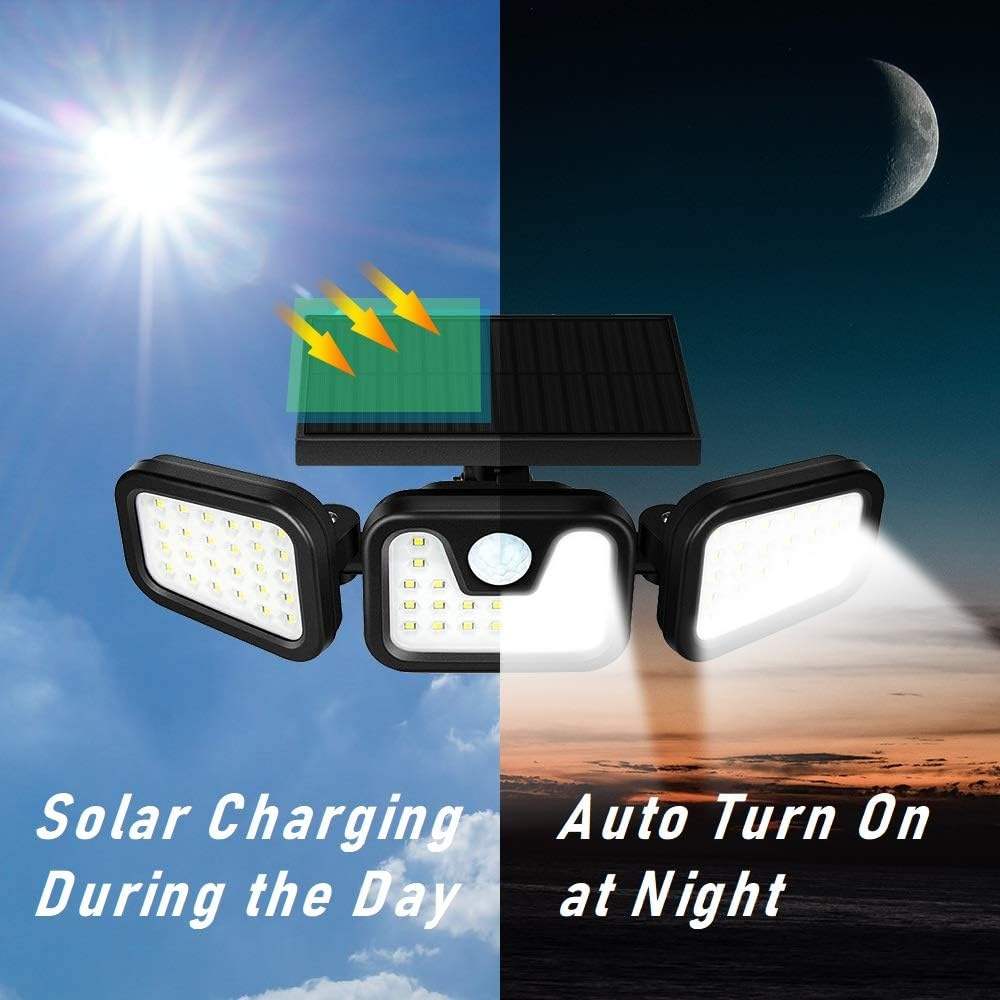 OVO-020 Solar Motion Sensor LED Wall Lamp 3 Flexible Heads Rotatable 3 Modes IP65 Waterproof Outdoor Garage Garden Lighting