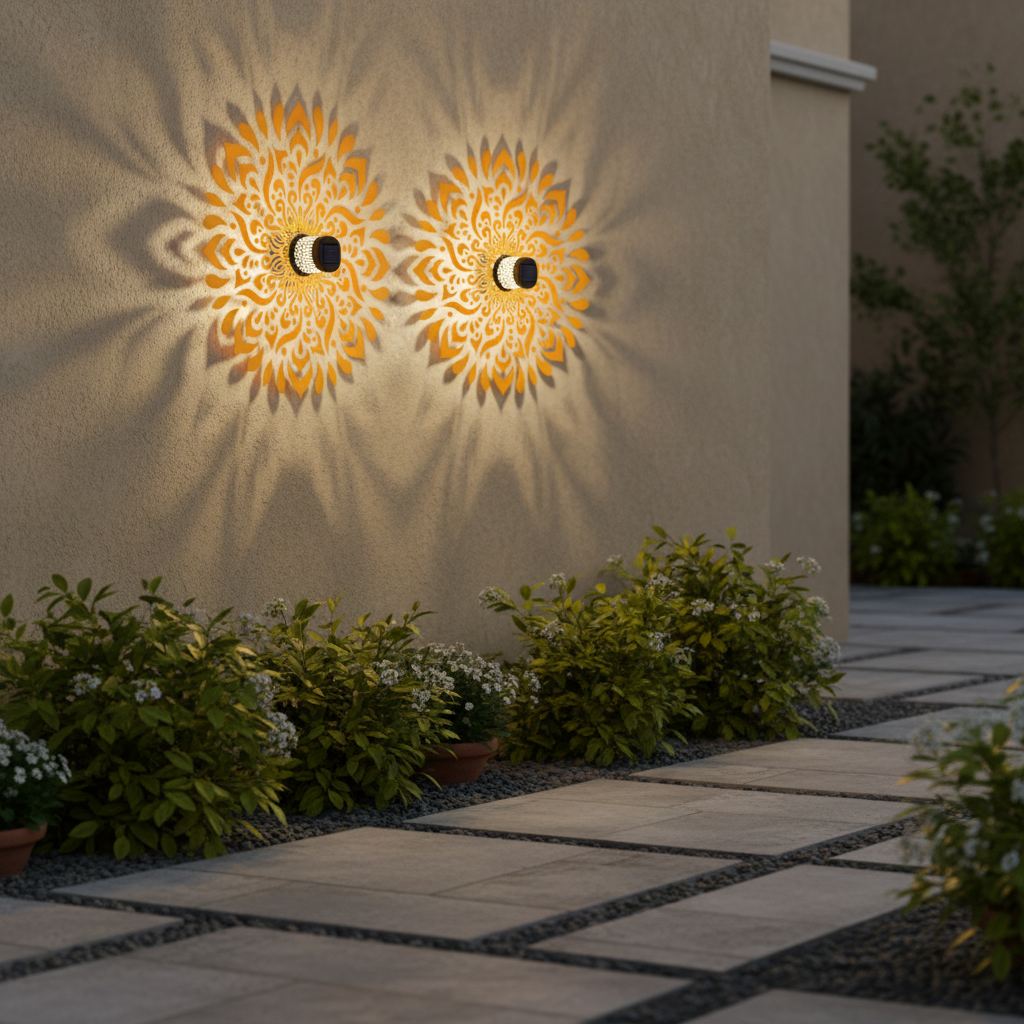 Solar Powered LED Outdoor Wall Light Waterproof Motion-Sensor Mandala Pattern Courtyard Villa Wrought-Iron Wall Mounted Lantern