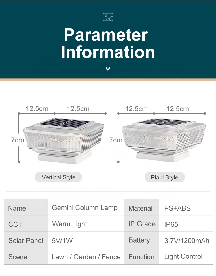 Solar Column Post Light Warm Light IP65 Waterproof Outdoor Square Cap Lamp For Garden Fence Landscape
