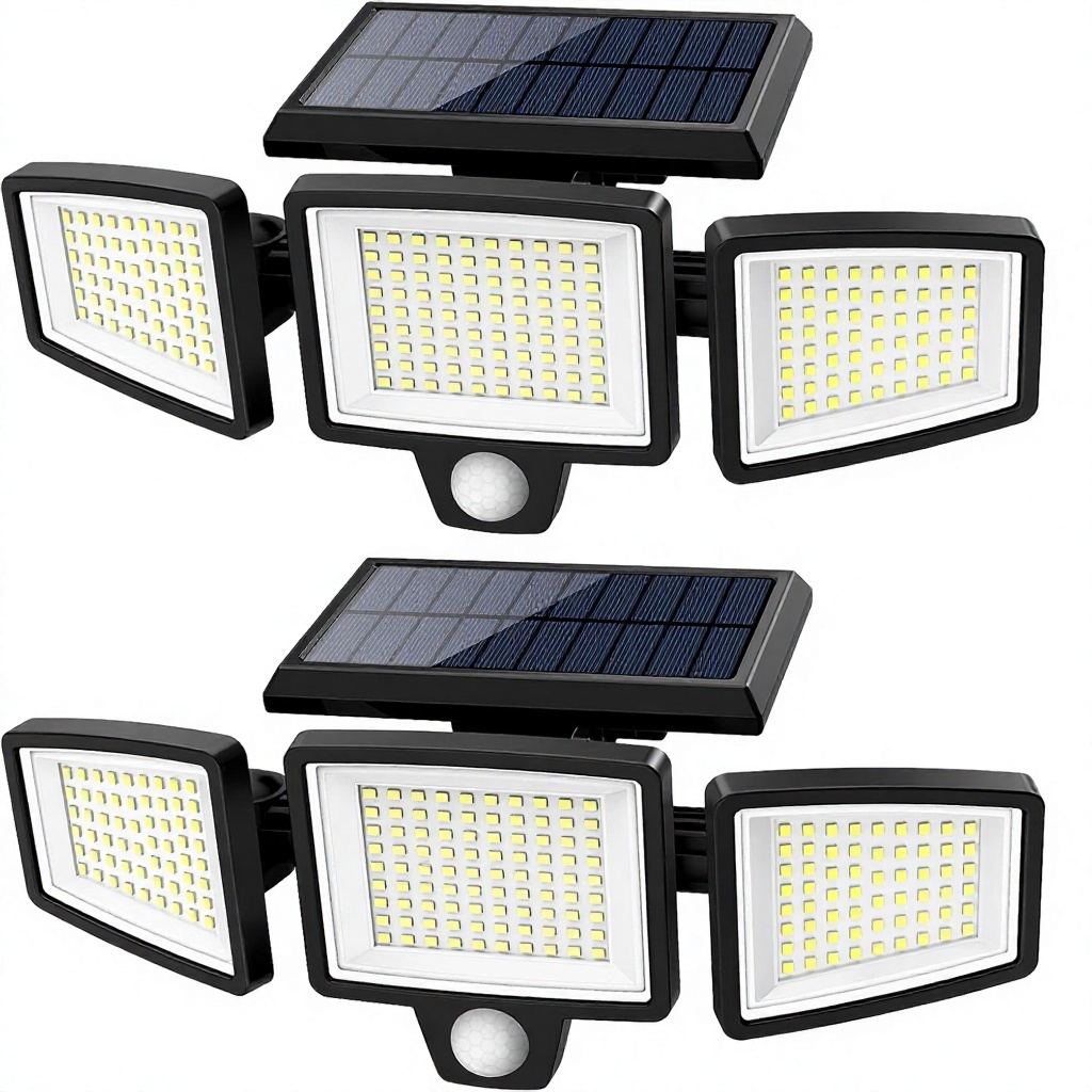 Solar Outdoor Security Flood Lights 2500LM 210 LED Remote/Motion Sensor 3 Heads IP65 Waterproof 3 Modes 2 Packs for