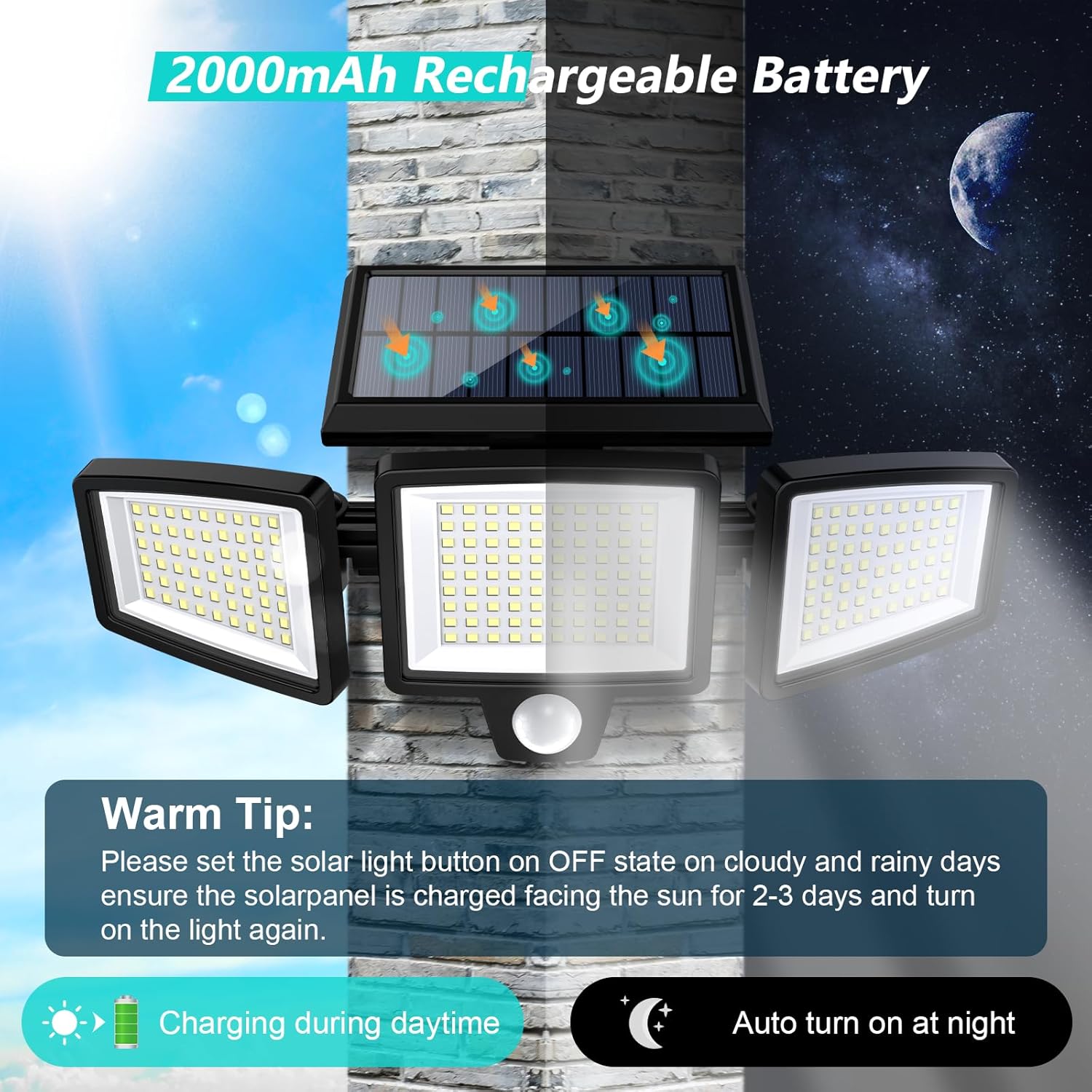 Solar Outdoor Security Flood Lights 2500LM 210 LED Remote/Motion Sensor 3 Heads IP65 Waterproof 3 Modes 2 Packs for