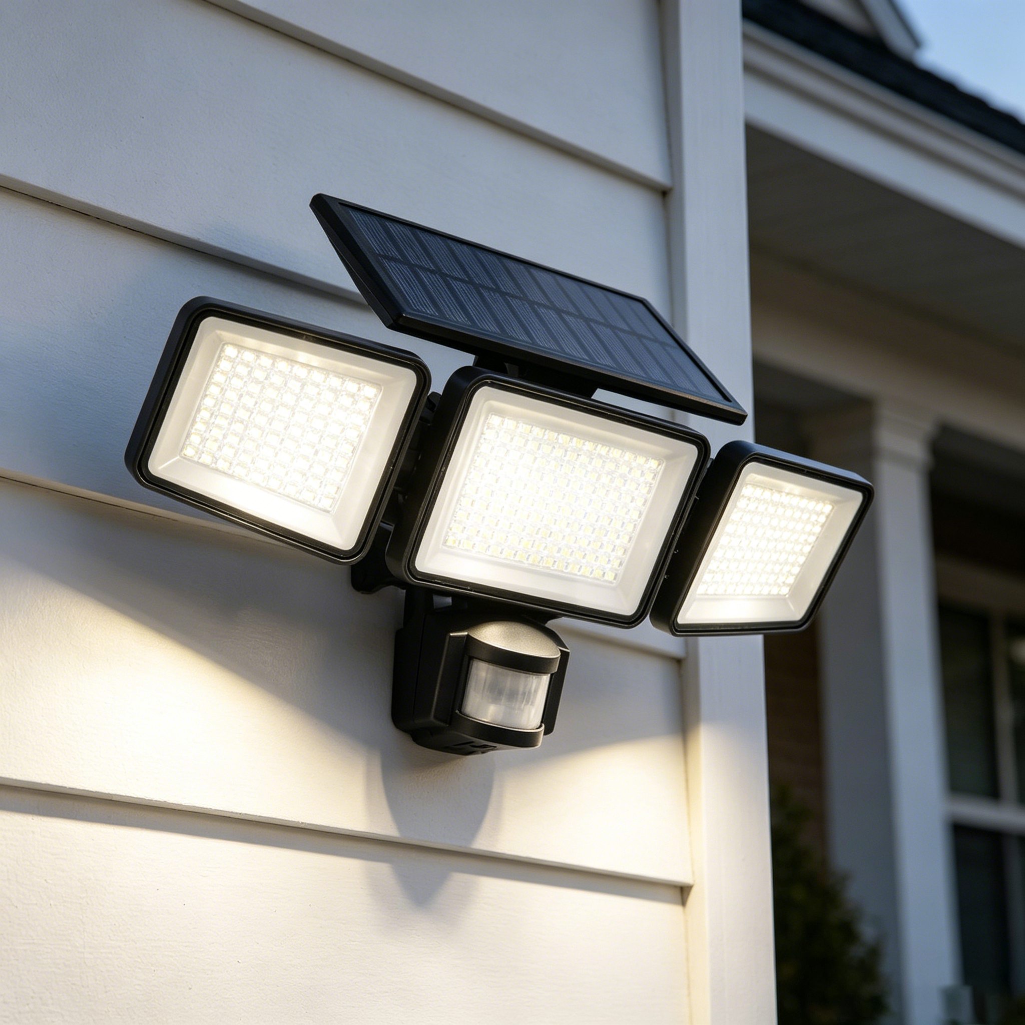 New Solar Motion Sensor Lights 302 LED 3 Heads Wide Angle Flood Light Solar Wall Lights for Outdoor Garden