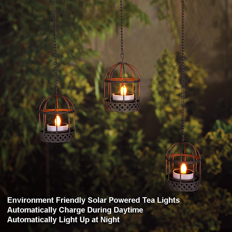 Solar Hanging Lanterns Outdoor Waterproof Rust Birdcage Candle Holder With Flickering Solar Powered Tea Lights For Patio Garden