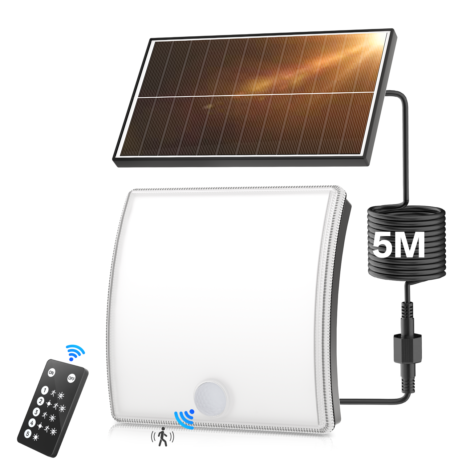 Solar Lights for Outdoors with Motion Detector, 5 Mode Solar Wall Light for Outdoors with Remote Control, IP65 Waterproof