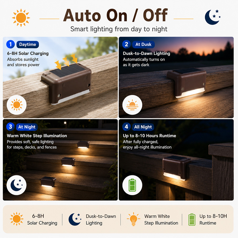 Outdoor IP65 Waterproof Solar Powered Lithium Battery LED Fence Lights For Garden Yard Stair Step &amp; Deck Lighting