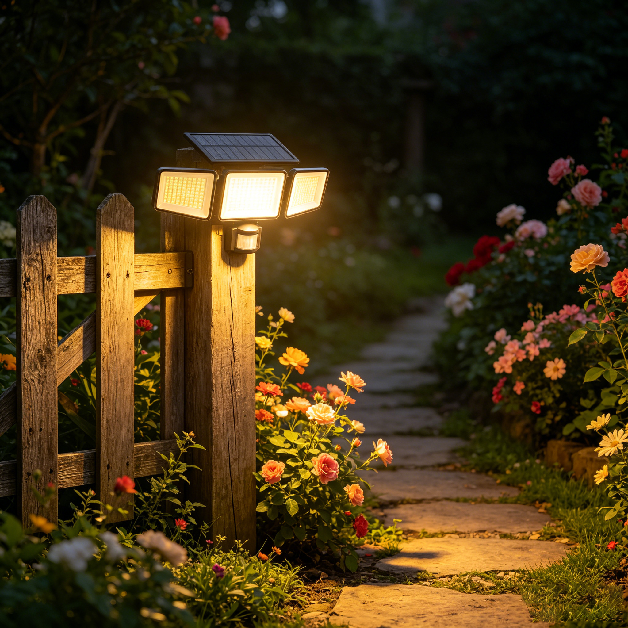 New Solar Motion Sensor Lights 302 LED 3 Heads Wide Angle Flood Light Solar Wall Lights for Outdoor Garden