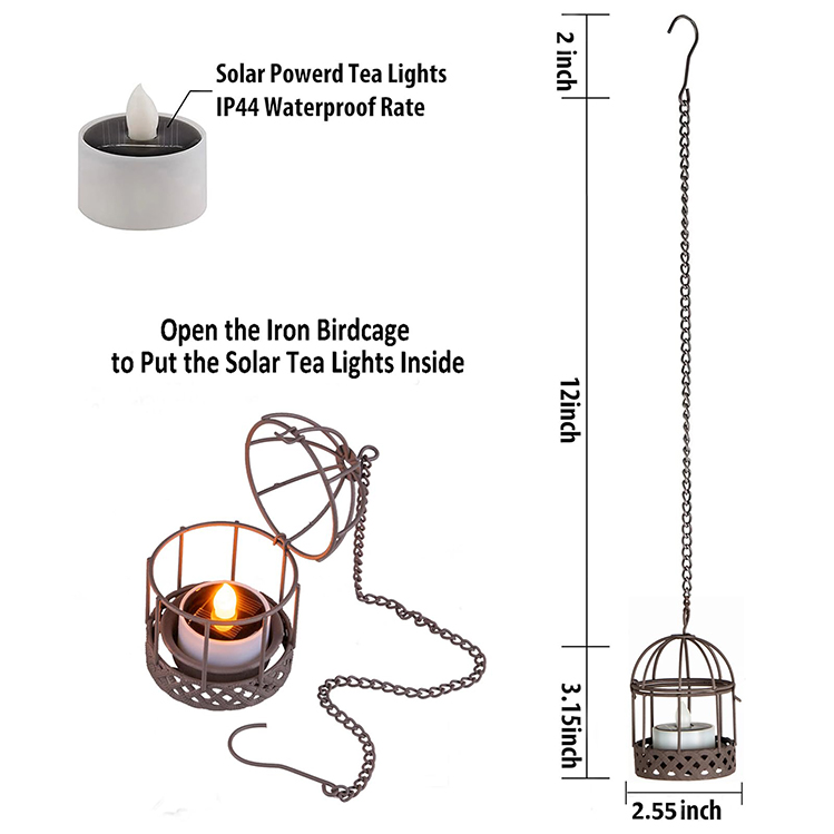 Solar Hanging Lanterns Outdoor Waterproof Rust Birdcage Candle Holder With Flickering Solar Powered Tea Lights For Patio Garden