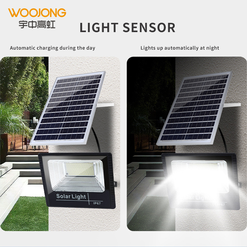 WOOJONG 2026 Hot Sell IP65 Outdoor Using Waterproof Solar Flood Light 150 Solar Led Floodlights for Garden