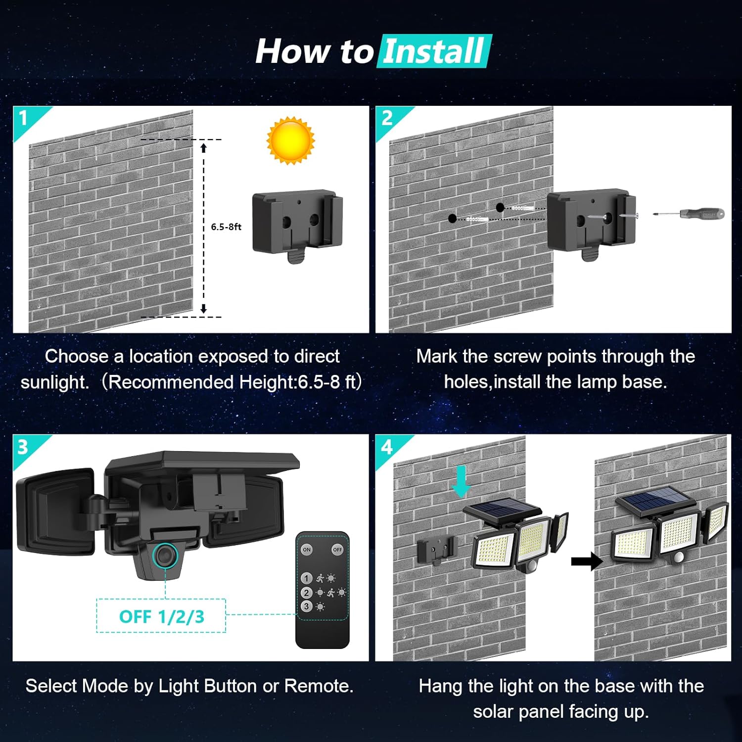 Solar Outdoor Security Flood Lights 2500LM 210 LED Remote/Motion Sensor 3 Heads IP65 Waterproof 3 Modes 2 Packs for