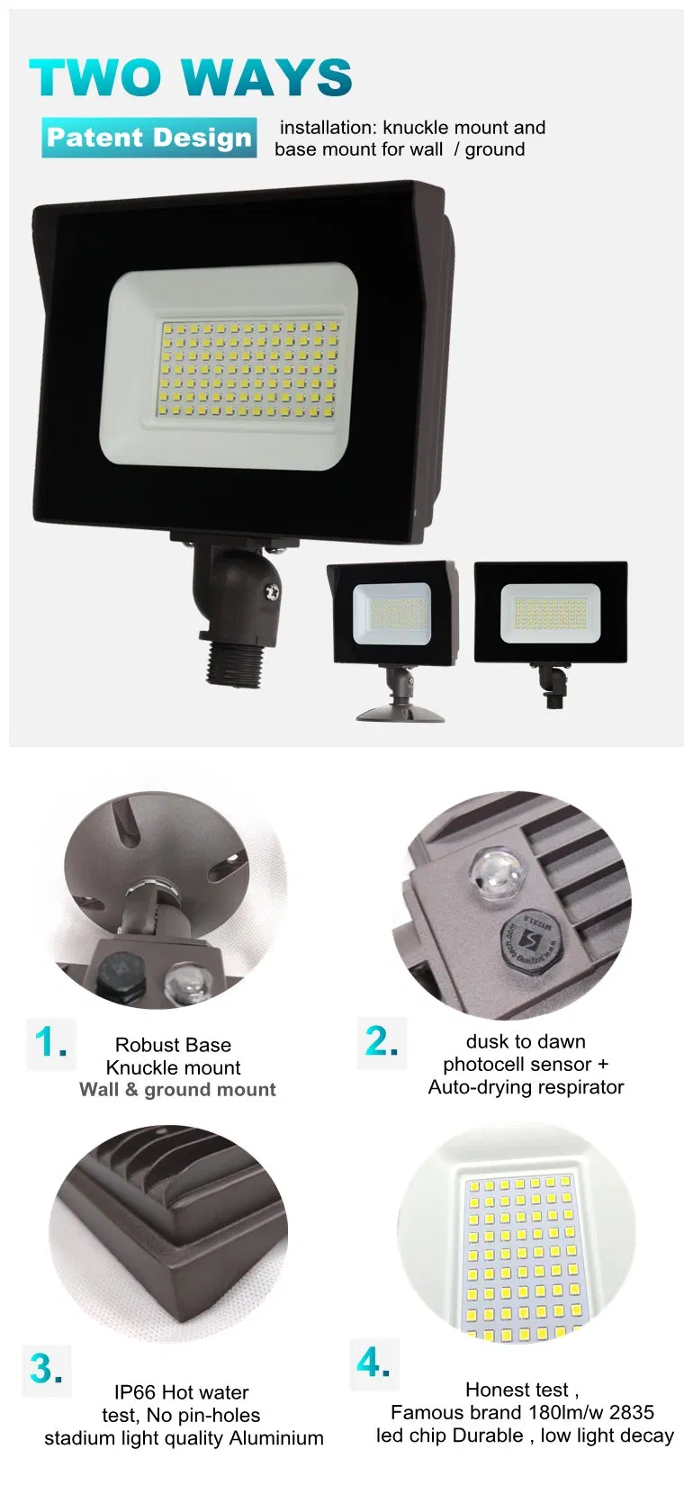 20 Year Manufacturer Industrial & Commercial Flood Lighting 30 Watt 40 Watt 50 Watt 60 Watt White Finish Aluminium New Patent Knuckle Outdoor Flood Lamp ETL CE