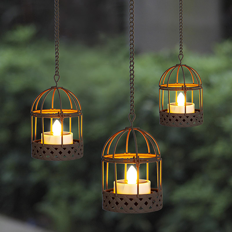 Solar Hanging Lanterns Outdoor Waterproof Rust Birdcage Candle Holder With Flickering Solar Powered Tea Lights For Patio Garden