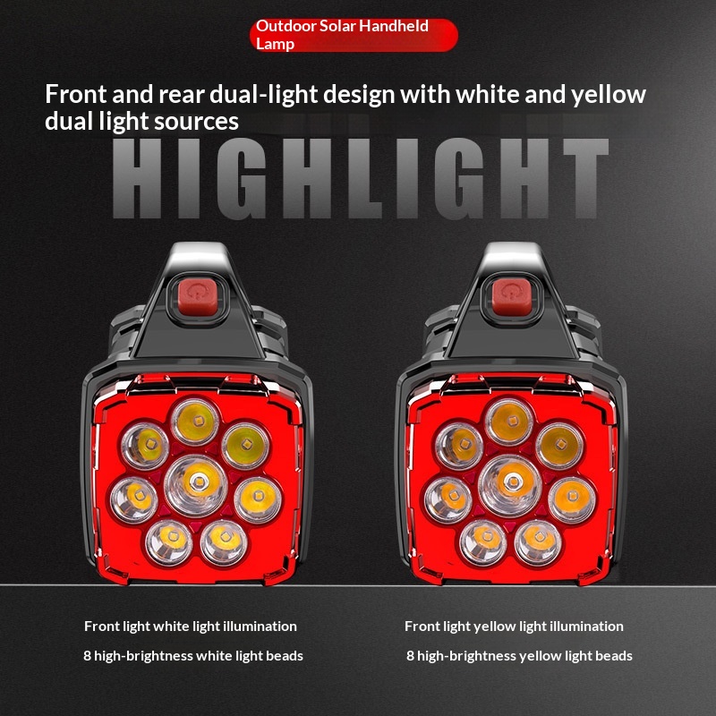 Outdoor Solar LED Lamp Multifunctional Portable USB Rechargeable Dual Light Source Searchlight Strong Flashlight Camping Night