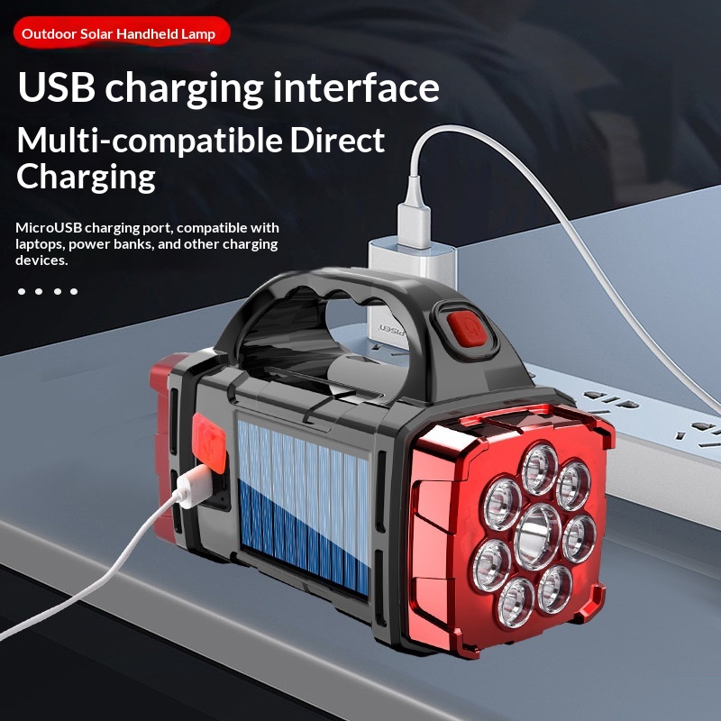 Outdoor Solar LED Lamp Multifunctional Portable USB Rechargeable Dual Light Source Searchlight Strong Flashlight Camping Night