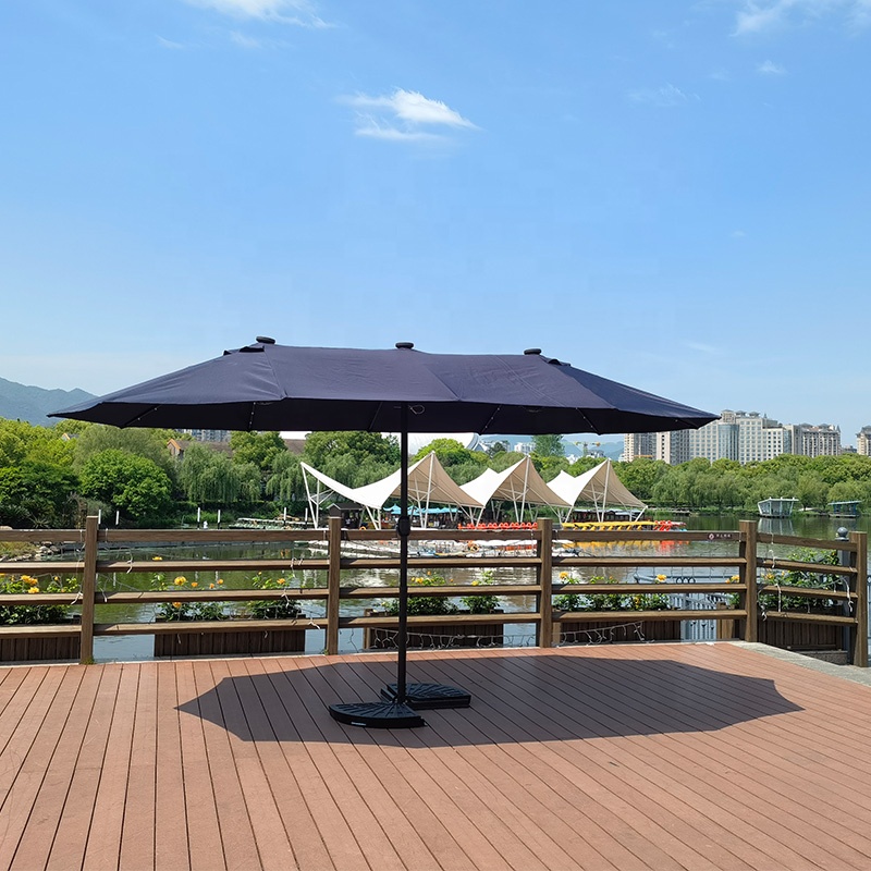 L New Design Outdoor LED Solar Powered Parasol 15ft Large Patio Garden Porch Double-sided Umbrella Table Twins Parasol