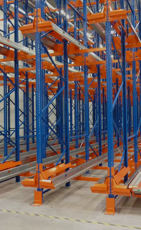 High-rack and roll storage racks in warehouse
