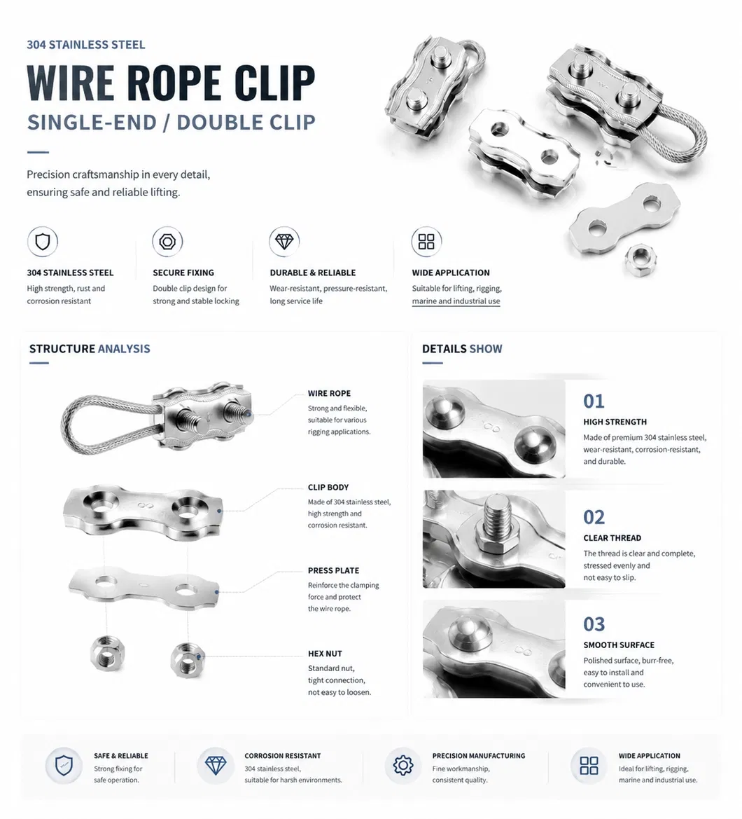 Heavy Duty Stainless Steel Wire Rope Clip Cable Clamp for Steel Wire Rope and Brake Cable