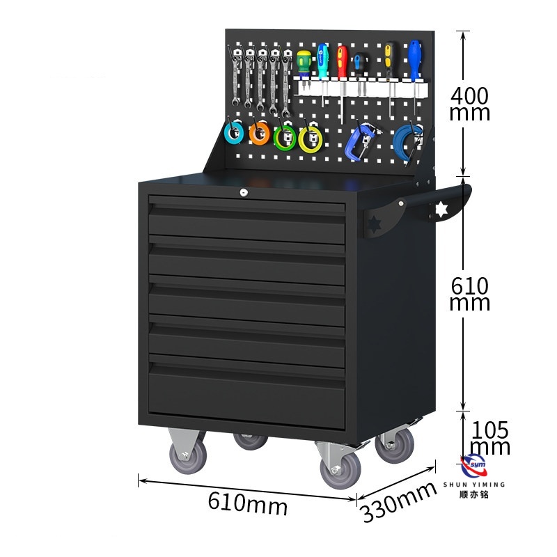 Locking 5 Drawer Steel Tool Trolley, Professional Rolling Metal Tool Cabinet with Anti-slip Mat for Mechanic Lab