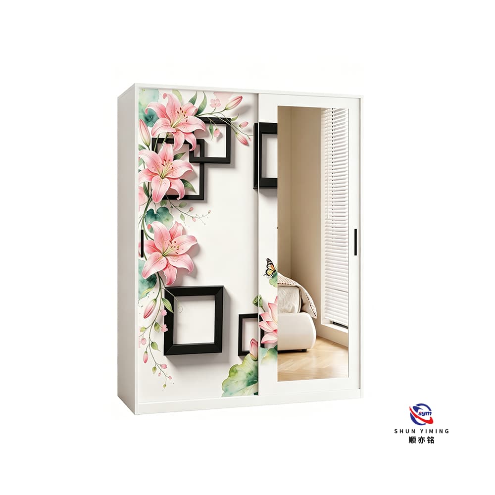 2 Door Printed Steel Bedroom Wardrobe, Space Saving Metal Storage Cabinet with Custom Floral Print Door Panels