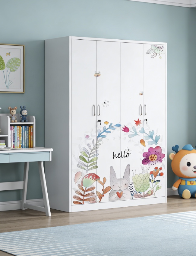 Sturdy Durable Modern 4-Door Steel Printed Lockable Wardrobe with 2 Mirrors 2 Drawers Hanging Rail for Bedroom Organization