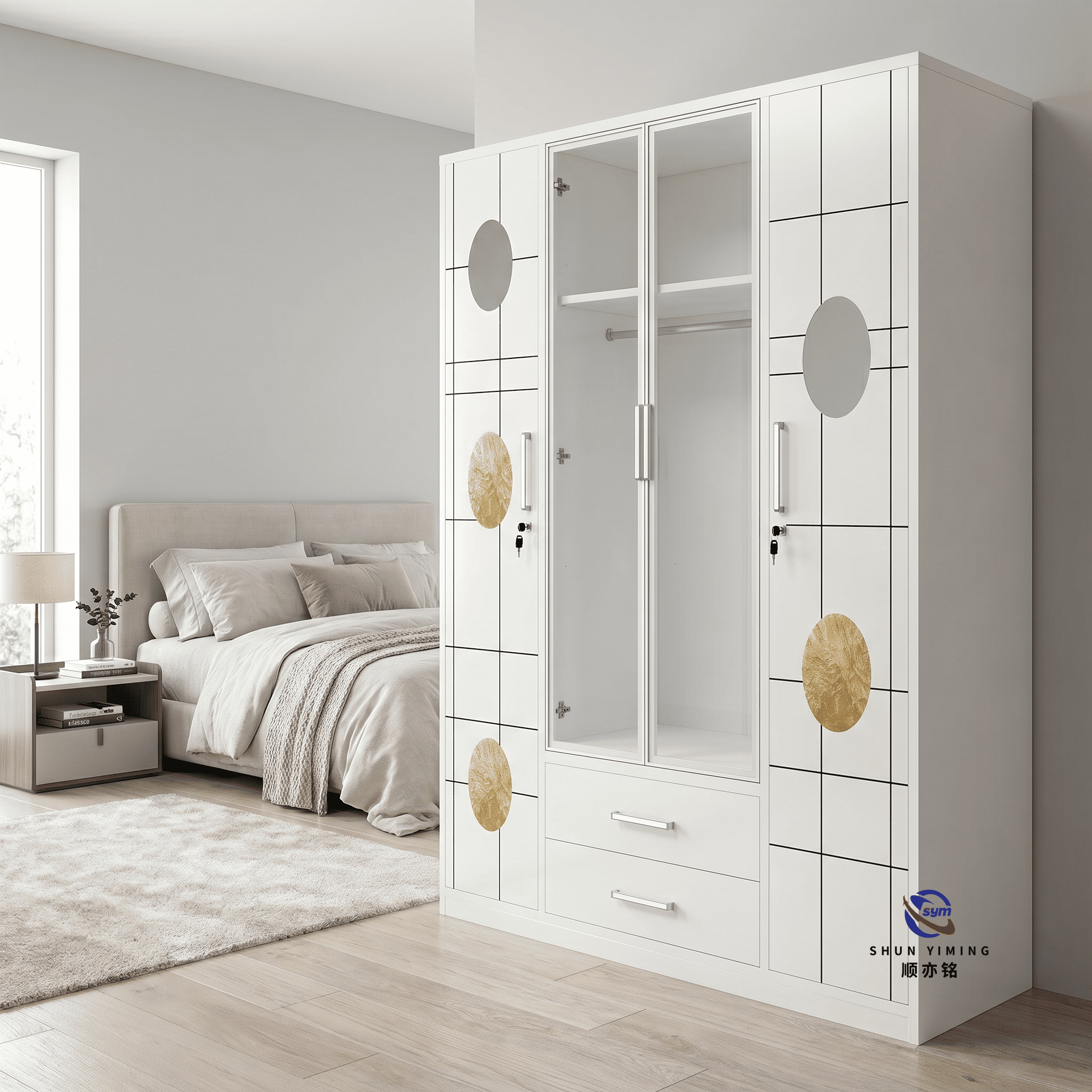 Gorgeous Pattern Printed Steel Wardrobe, Anti-scratch Metal Bedroom Clothes Closet Organizer with Hanging Rods