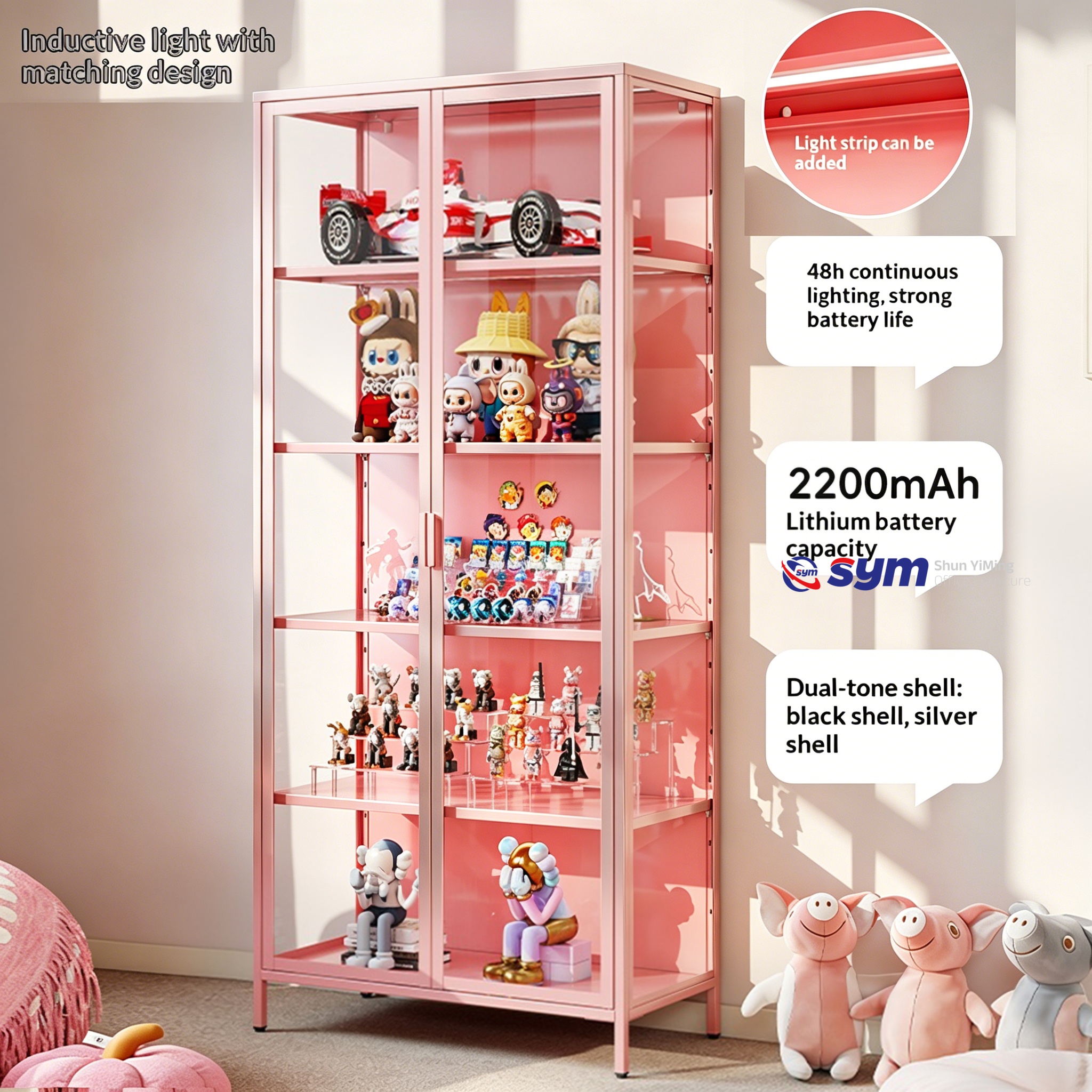 App Control LED Glass Display Cabinet with Metal Frame, Smart Lighting Action Figure Showcase for Luxury Bedroom
