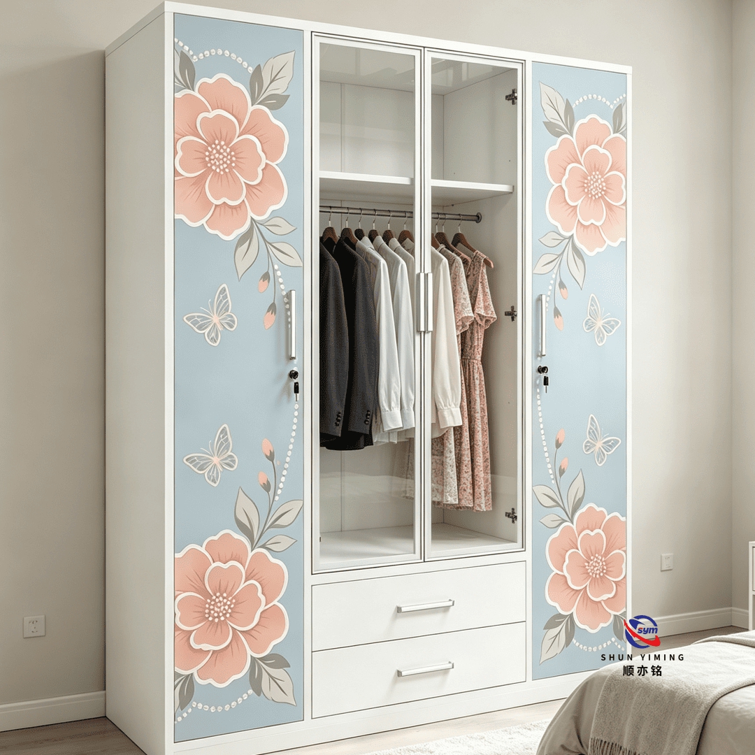 High Grade Cold Rolled Steel Printed Wardrobe, Rust-resistant Metal Clothes Storage Cabinet with Graphic Design
