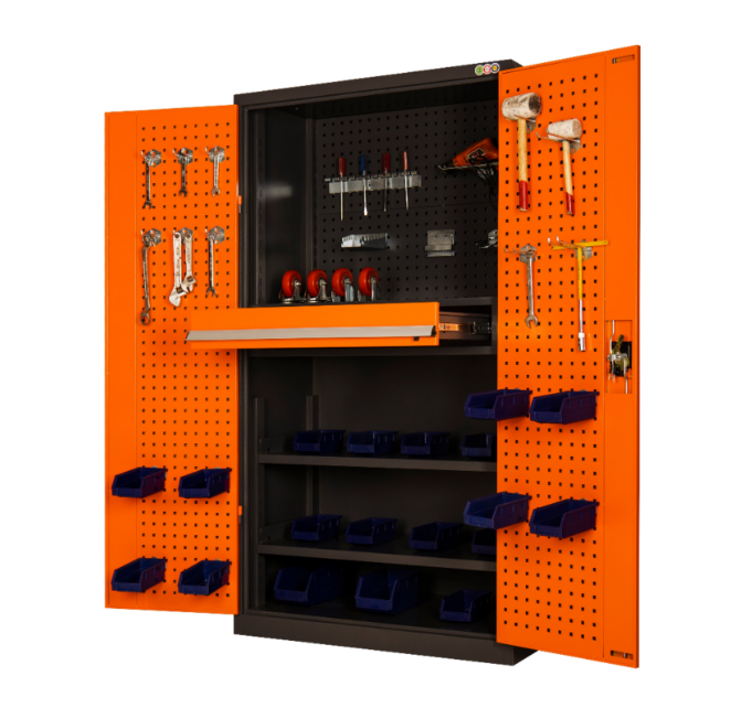 Smooth Slide 3 Drawer Steel Tool Cabinet with Lock, Heavy Duty Metal Workshop Storage Wardrobe with Pegboard Door