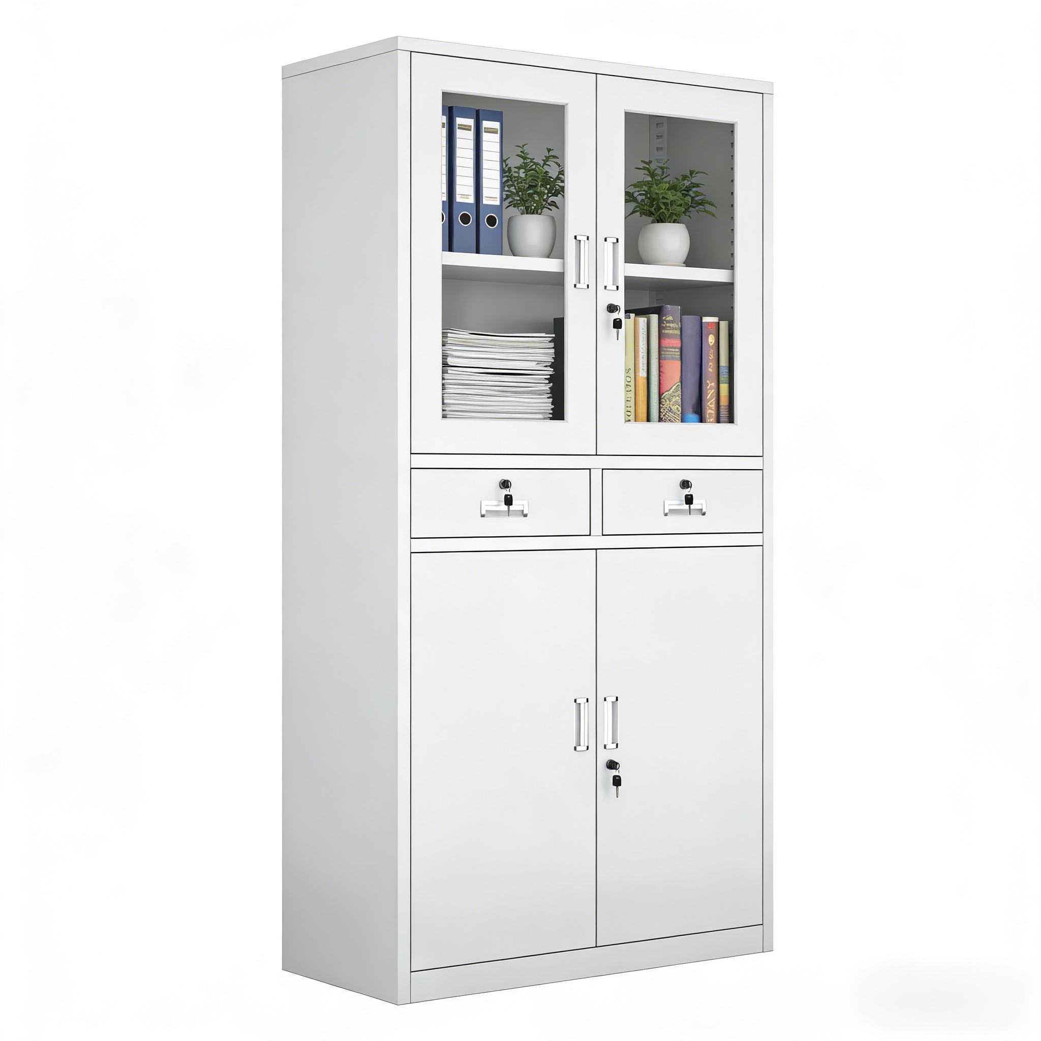 2-Door Metal Storage Steel File Cabinet with Safe Lock Glass Door Office Cupboard for Home Office & Workshop Panel Style