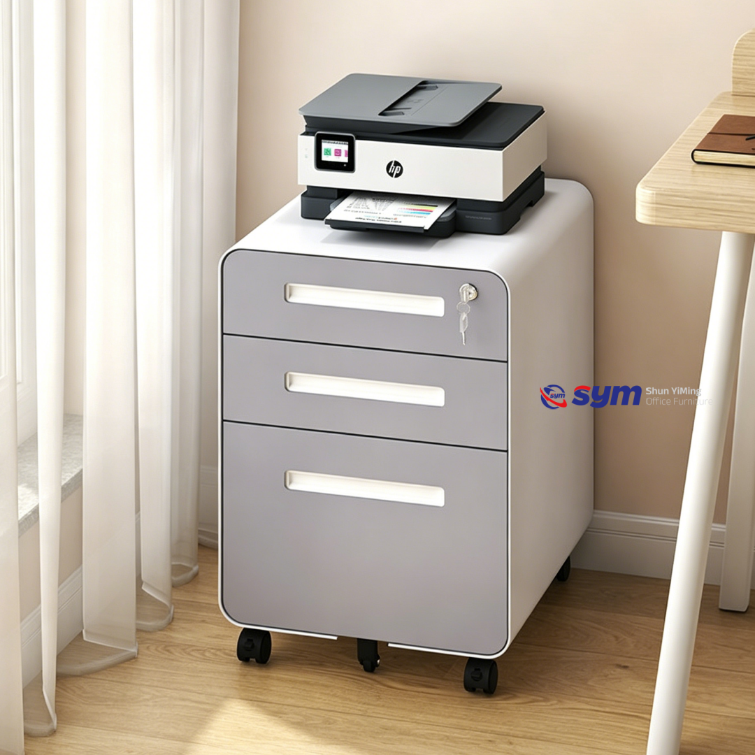 Handleless Design Steel Mobile Pedestal, Smooth 3 Drawer Metal Under Desk Filing Cabinet for Tech Company Office